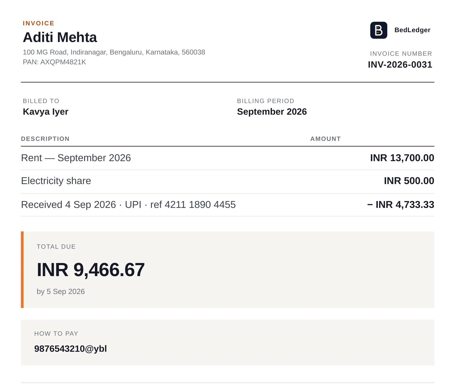 A BedLedger rent invoice for September 2026: rent and electricity share, a part-payment received by UPI, the balance due and the landlord's UPI ID