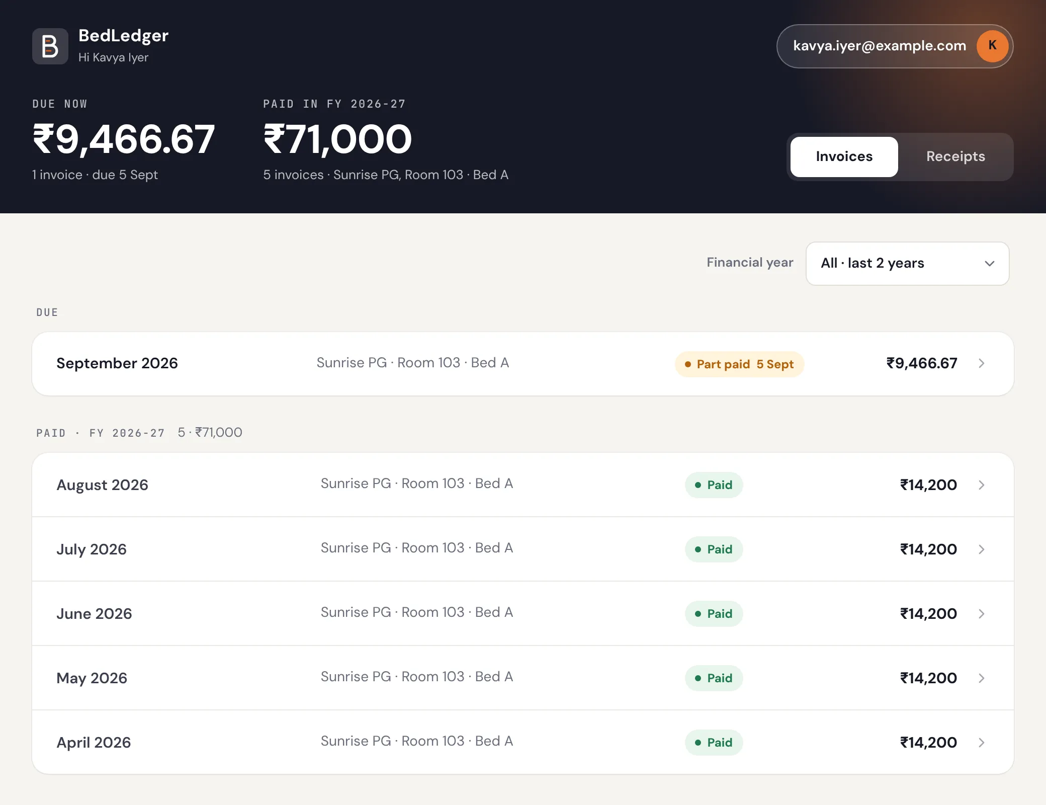 The BedLedger tenant portal: amount due now, total paid this financial year, and the tenant's monthly invoices with their status