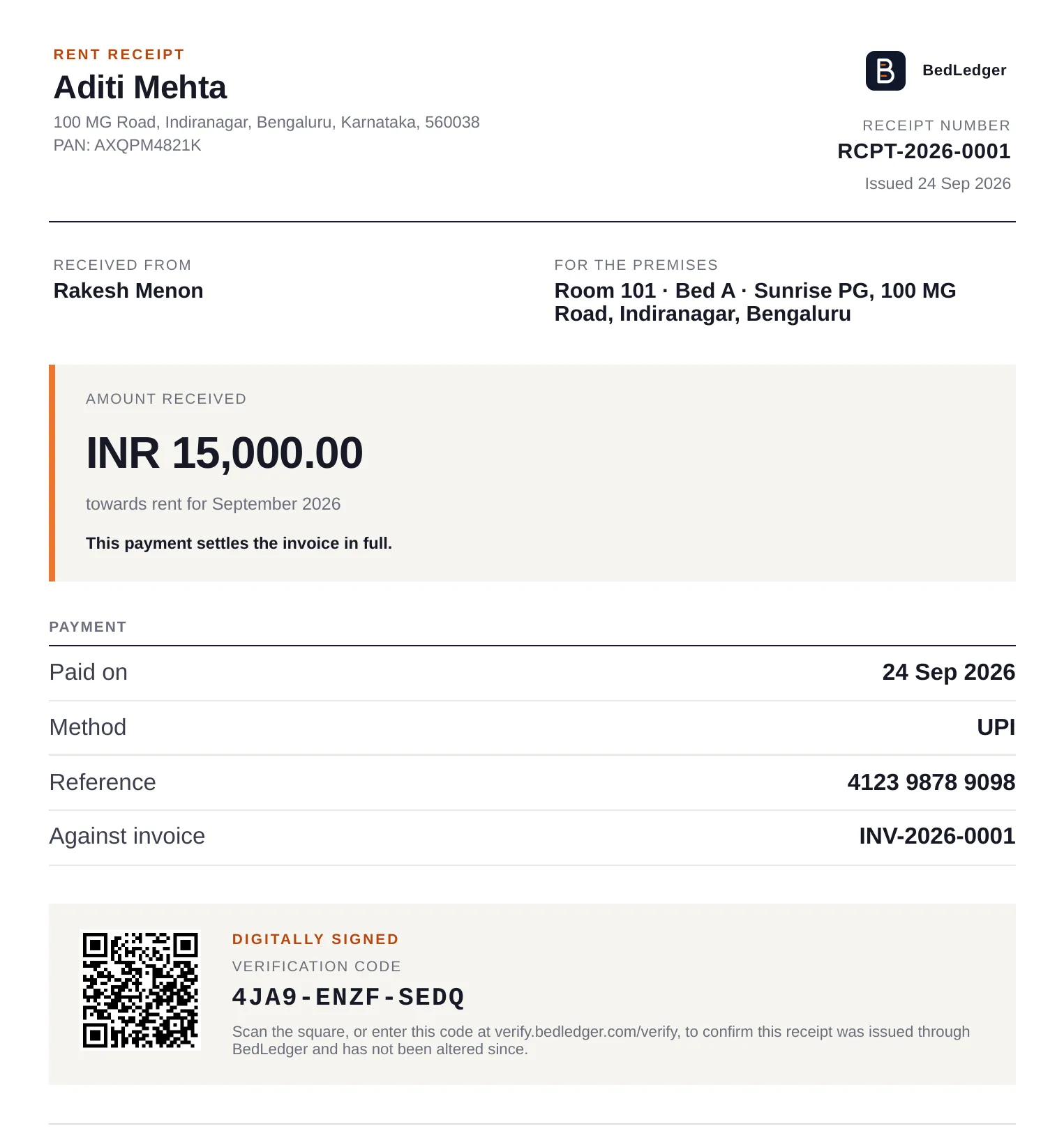 A BedLedger rent receipt: landlord and tenant, premises, amount received, payment method and reference, and a QR code with its twelve-character verification code
